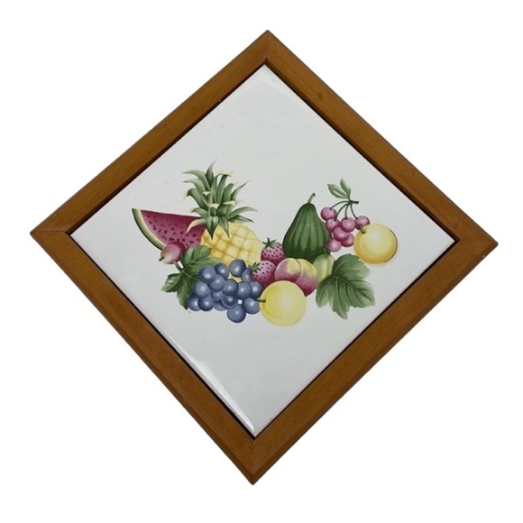 Other - Vintage Trivet Wall Decor Ceramic Fruit Tile in Wooden Frame